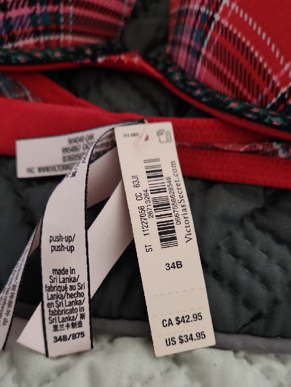 NWT Victoria's Secret Red Plaid Push-Up Bra 34B - Picture 2 of 3
